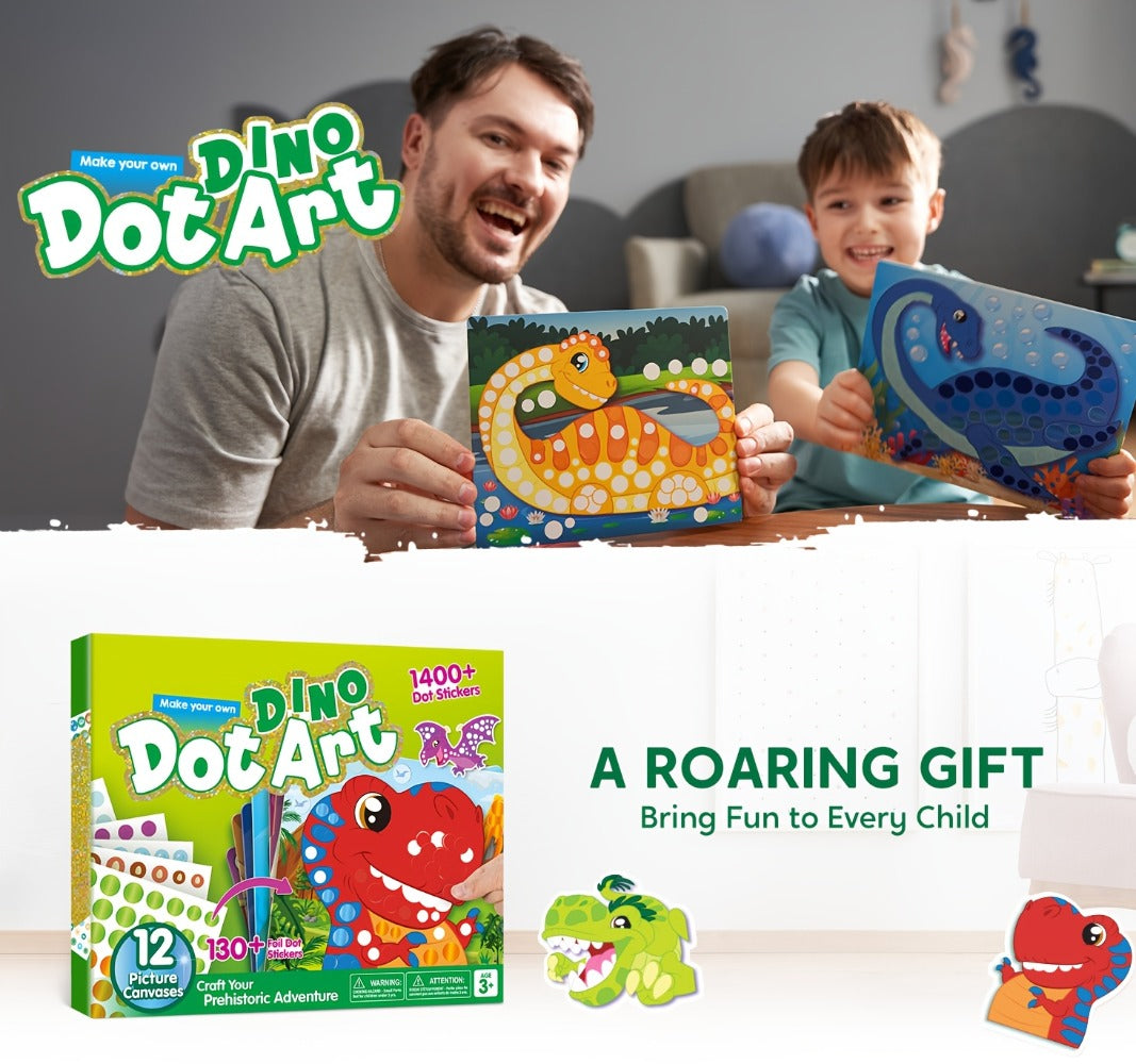 Dinosaur Dot Sticker Art Kit for Kids – 12 Picture Canvases & 1400+ Dot Stickers No Mess Creative Activity, Travel Toy Arts Crafts Birthday Gift Boys Girls Ages 3-8