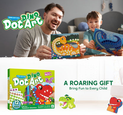 Dinosaur Dot Sticker Art Kit for Kids – 12 Picture Canvases & 1400+ Dot Stickers No Mess Creative Activity, Travel Toy Arts Crafts Birthday Gift Boys Girls Ages 3-8
