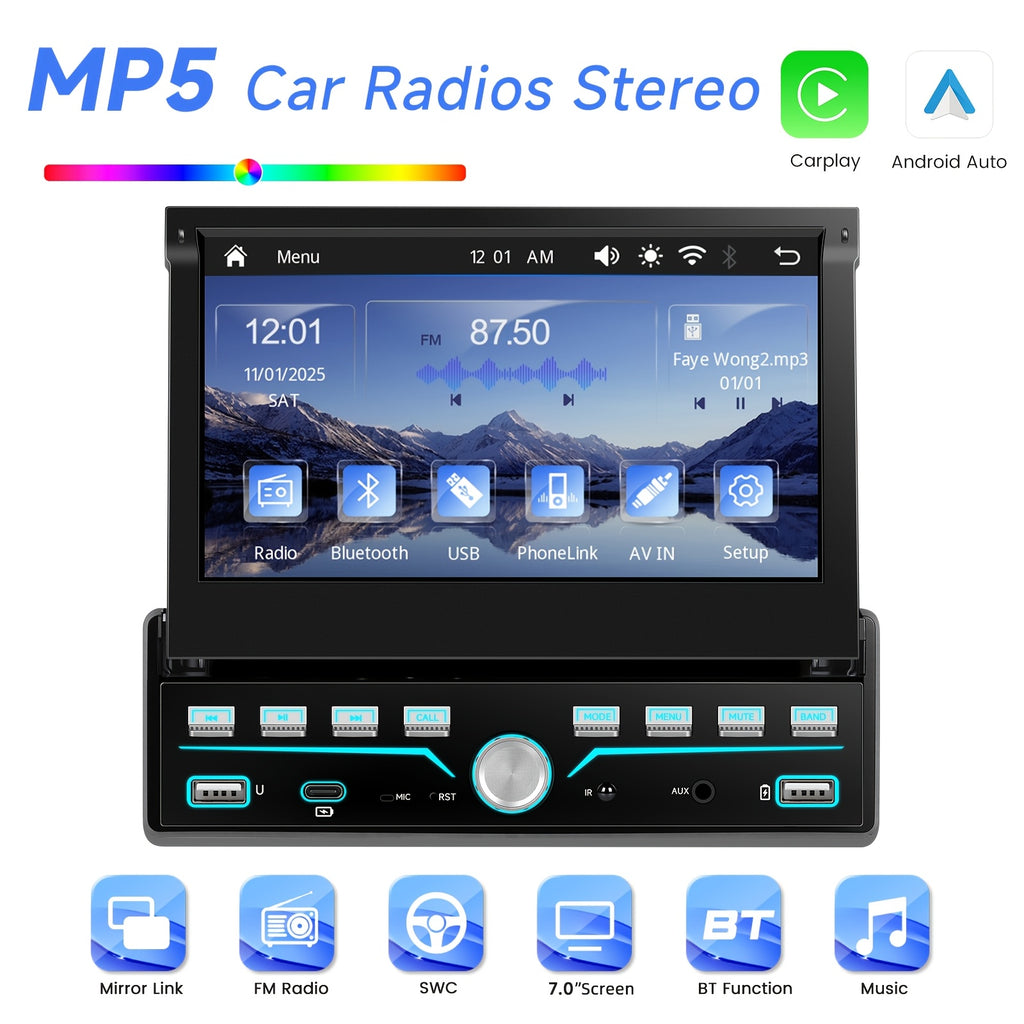 Podofo Wireless Carplayer Single Din Car Stereo 7 Inch HD Flip Out Touchscreen with Wireless Car Player Android Auto, Wireless, Type-C/USB/TF/AUX, SWC, FM, Voice Control, Backup Camera