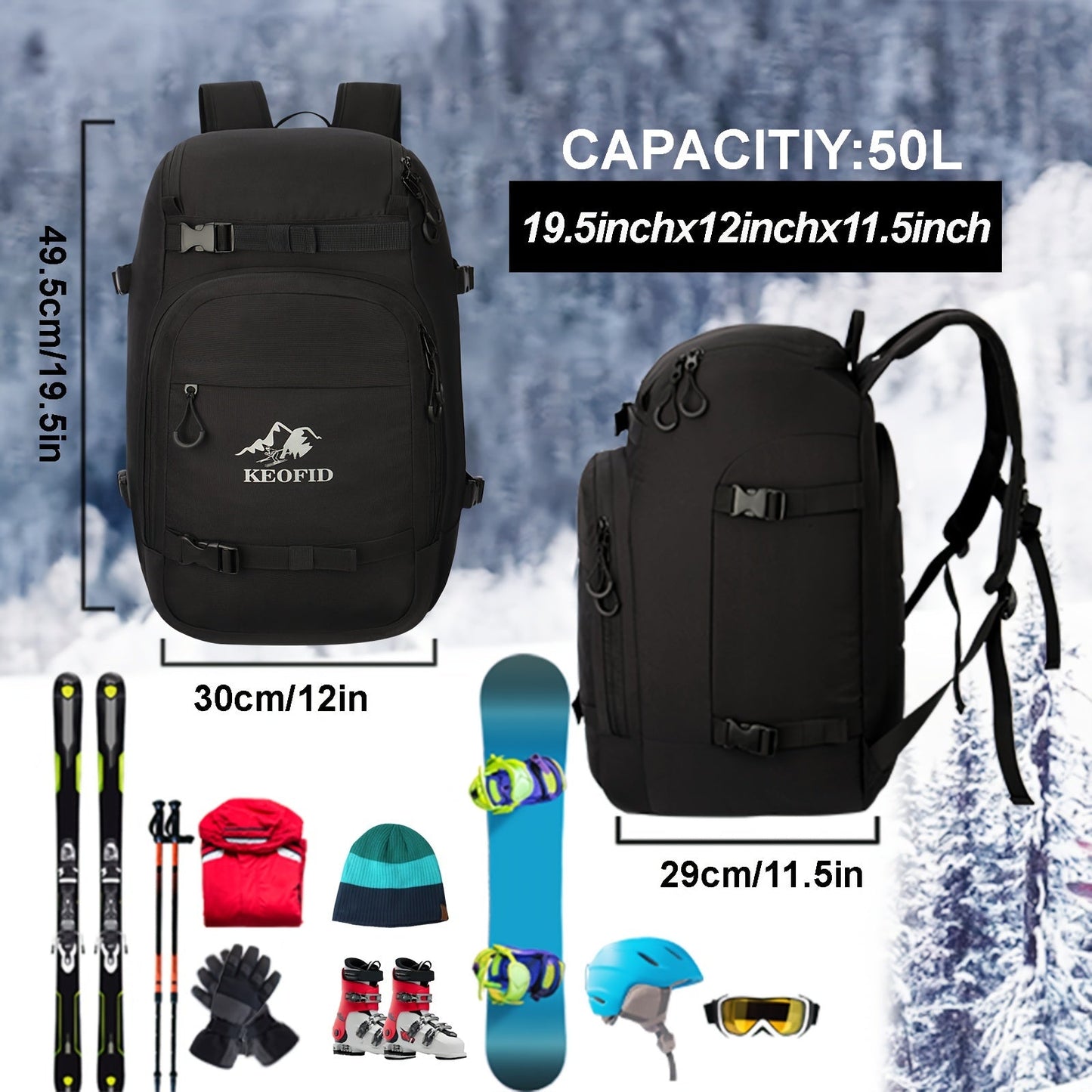 Ski Boot Bag Snowboard Backpack 40-50L Large Capacity Snow Gear Bag for Skiing Helmet Goggles Gloves Snowboard Accessories Winter Sports Equipment Bag Black