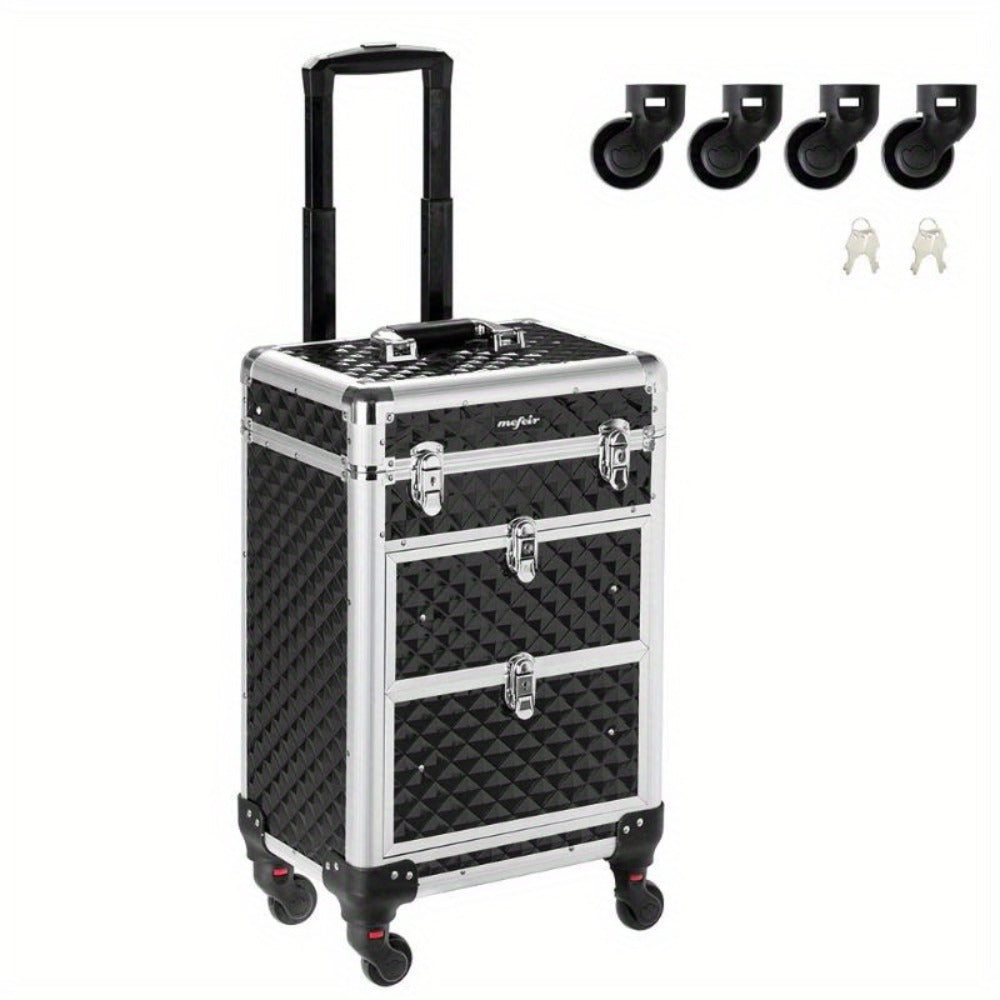 Makeup Train Case Rolling Aluminum Lockable Trolley with 4 Wheels 2 Sliding Drawers Telescopic Rod Portable Cosmetic Organizer Suitcase for Makeup Artists Salon Travel Beauty Storage Black