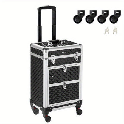 Makeup Train Case Rolling Aluminum Lockable Trolley with 4 Wheels 2 Sliding Drawers Telescopic Rod Portable Cosmetic Organizer Suitcase for Makeup Artists Salon Travel Beauty Storage Black