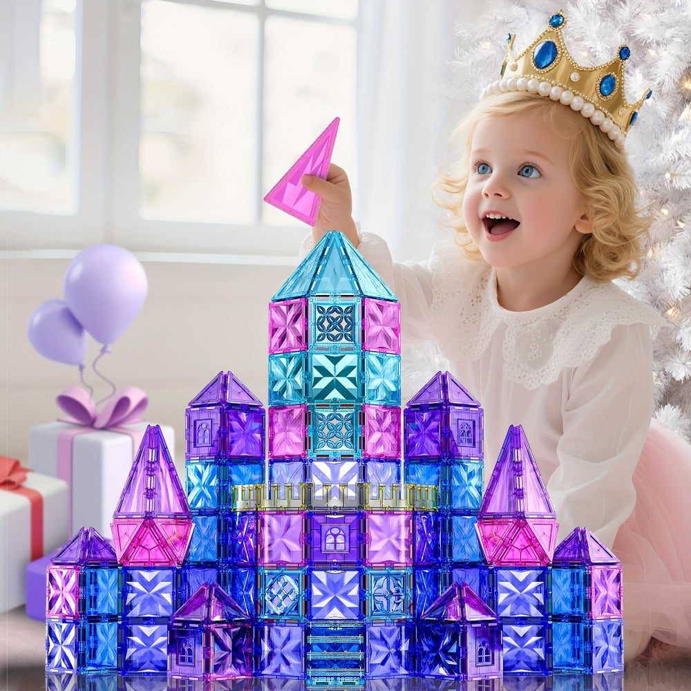Magnetic Tiles Diamond Princess Ice Castle Theme 114 Pieces – STEM Building Set for Girls, Sparkling Magnetic Sheets for Creative Castle Play, Birthday Gift for Girls Ages 4 5 6 7