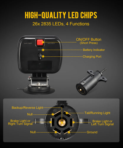 Wireless Magnetic LED Trailer Light Kit – 26 LED Towing Tail Light Stop Turn Brake Reverse, 7-Pin Plug 12-24V IPX5 Waterproof, 180° Rotatable, 100FT Range for Trucks Trailers