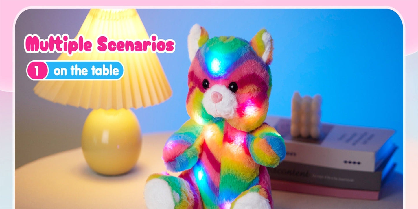 Glow in the Dark Rainbow Cat Plush Toy with Music — Kawaii Glowing Kitty Stuffed Animal Night Light Companion for Kids Girls, Birthday Mother's Day Christmas Valentine Gift for Cat Lovers