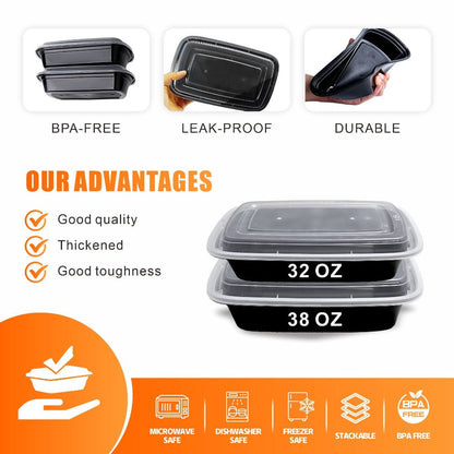 Meal Prep Containers with Lids 50 Pack BPA Free – 32oz & 38oz Stackable Disposable Plastic Food Storage Containers, Microwave Dishwasher Freezer Safe | Restaurant, Catering, Home Kitchen & Lunch Boxes