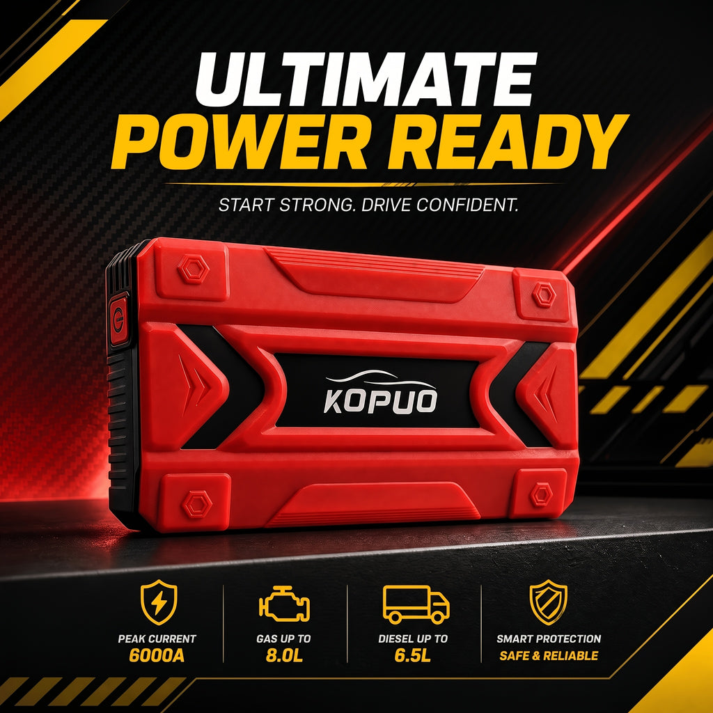 KOPUO 20000A Peak 12V Jump Box, Optional 6000A Jump Starter, Heavy Duty Car Jump Starter And Air Compressor, 150PSI Cordless Tire Inflator with Digital Gauge, All-in-One for 2.64gal Gas/2.11gal Diesel Vehicle, 3-Mode LED Light Camping Emergency