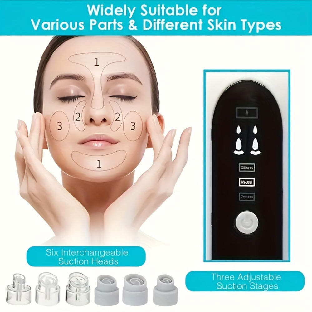 Pore Vacuum Blackhead Remover – 6 Interchangeable Heads & 3 Suction Levels, USB Rechargeable Electric Pore Cleaner, Visible Deep Cleansing Facial Extractor for Men & Women, All Skin Types