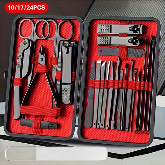Stainless Steel Nail Clipper Set & Pedicure Kit 10 17 24 Piece – Manicure Tools with Nail File, Ear Scoop, Eyebrow Trimmer & Foot Sharpener, Travel Portable Grooming Kit for Women Men Family