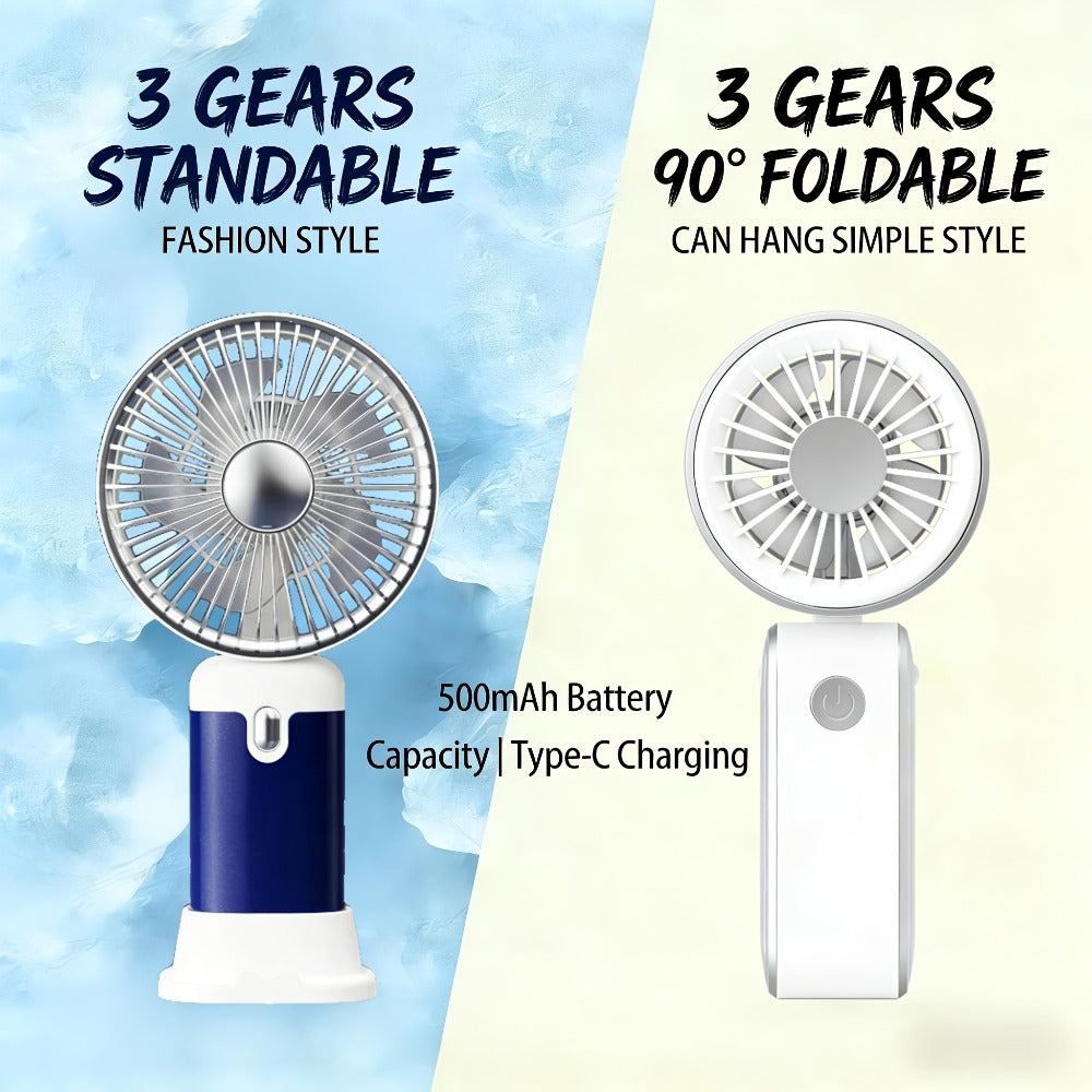 Handheld & Standing Fan Rechargeable USB | 3-Speed Portable Mini Fan, Foldable Dual-Mode Design for Travel, Office & Outdoor Use – Perfect Summer Gift for Women & Girls, White & Blue, 1pc & 2pcs
