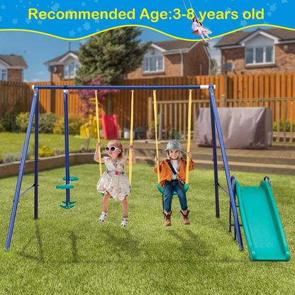 Heavy Duty A-Frame Metal Swing Set for Backyard with 2 Swings Slide Glider Seesaw Disc Seat Outdoor Playset for Kids Toddlers Backyard Play Structure