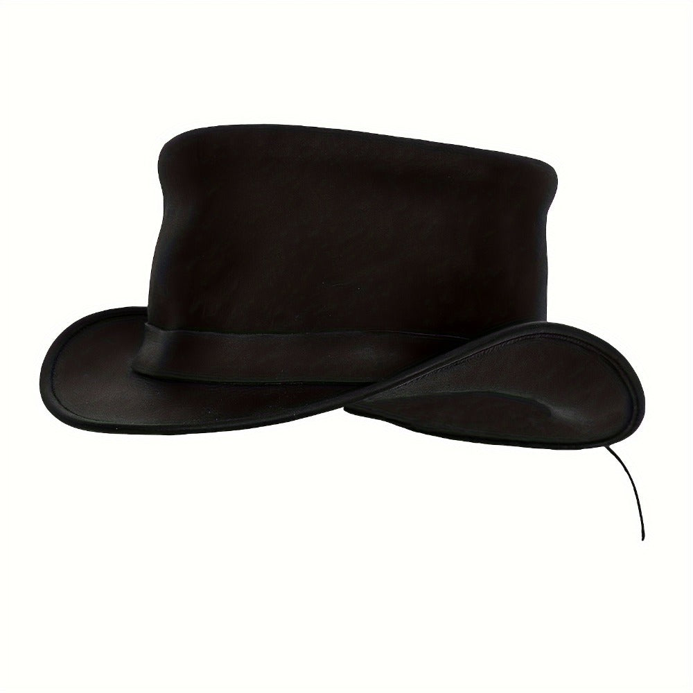 Genuine Leather Top Hat Steampunk Gentleman Shapeable Brim – Real Cowhide Low Crown Topper for Men & Women S-3XL, Halloween Costume Cosplay Motorcycle Riding Fashionable Dress Up Hat