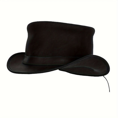 Genuine Leather Top Hat Steampunk Gentleman Shapeable Brim – Real Cowhide Low Crown Topper for Men & Women S-3XL, Halloween Costume Cosplay Motorcycle Riding Fashionable Dress Up Hat