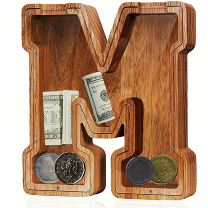 Personalized Wooden Piggy Bank for Kids – A-Z Alphabet Letter Initial Coin & Bill Savings Bank for Boys & Girls, Toddlers to Big Kids | Birthday Christmas Baby Shower Gift | Financial Literacy Toy & Room Decor