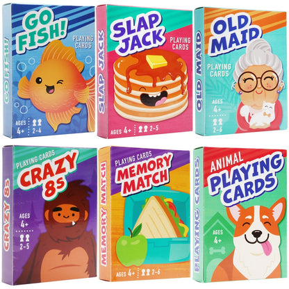 Kids Card Games 6 in 1 Set with 6 Decks Go Fish Old Maid Crazy Eights Memory Match Slap Jack Animal Cards for Ages 4+ Family Game Night Birthday Christmas Stocking Stuffer
