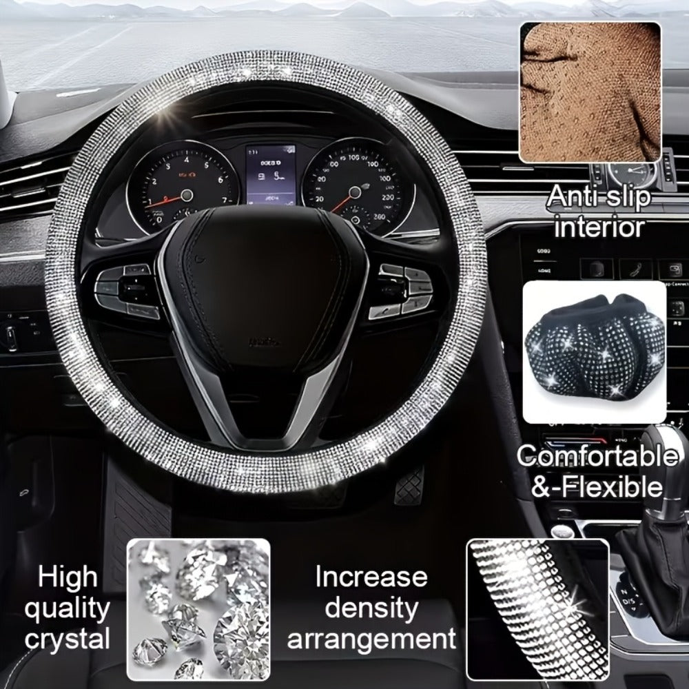27pcs Bling Car Accessories Set for Women – Steering Wheel Cover 15", Car Coasters, License Plate Frame & Phone Holder, Glitter Interior Kit, Silver, Purple, Pink, Black, Red, Blue