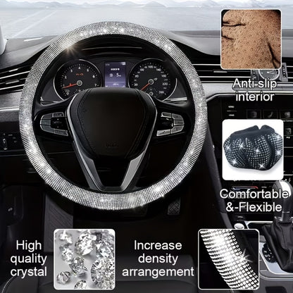 27pcs Bling Car Accessories Set for Women – Steering Wheel Cover 15", Car Coasters, License Plate Frame & Phone Holder, Glitter Interior Kit, Silver, Purple, Pink, Black, Red, Blue