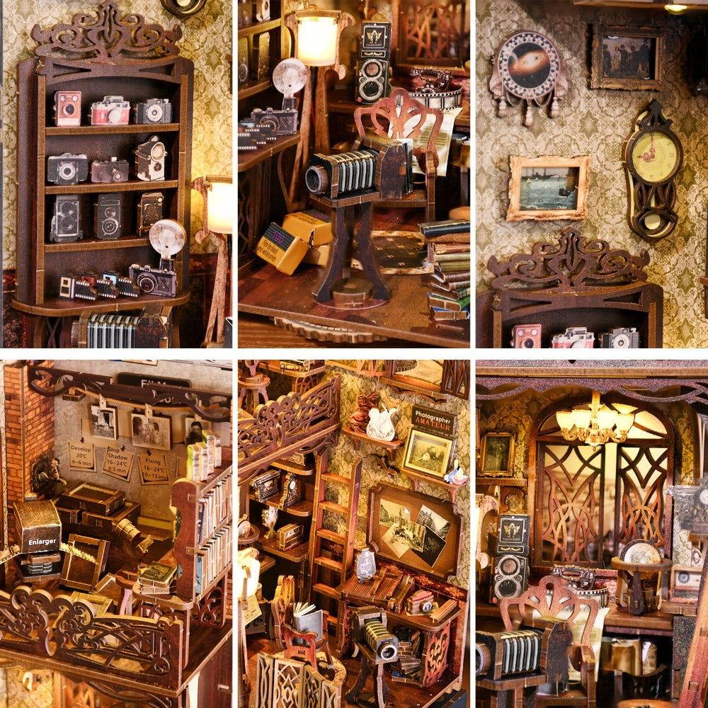 Book Nook Kit Film Darkroom DIY – Vintage Photography Bookshelf Insert Decor, 3D Wooden Puzzle Bookend Model Building Set for Adults Teens, Home Office Living Room Decoration, No Battery Needed