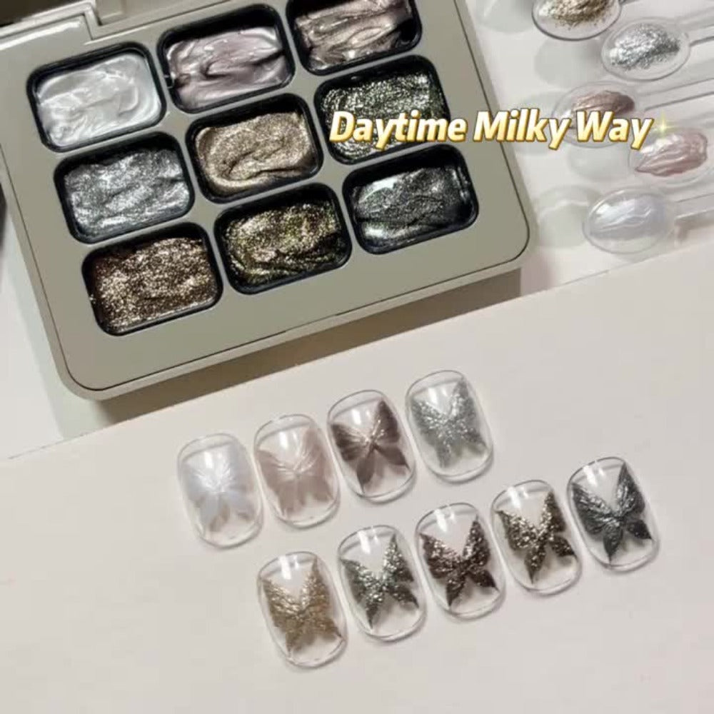 Fairy Powder Nail Art Gel Set 9 Colors Galaxy Milky Way – Nine-Grid Special Effect Shimmer Gel Polish Alcohol Free UV LED Soak Off, Long Lasting Glitter Nail Gel for Salon & DIY Home Women