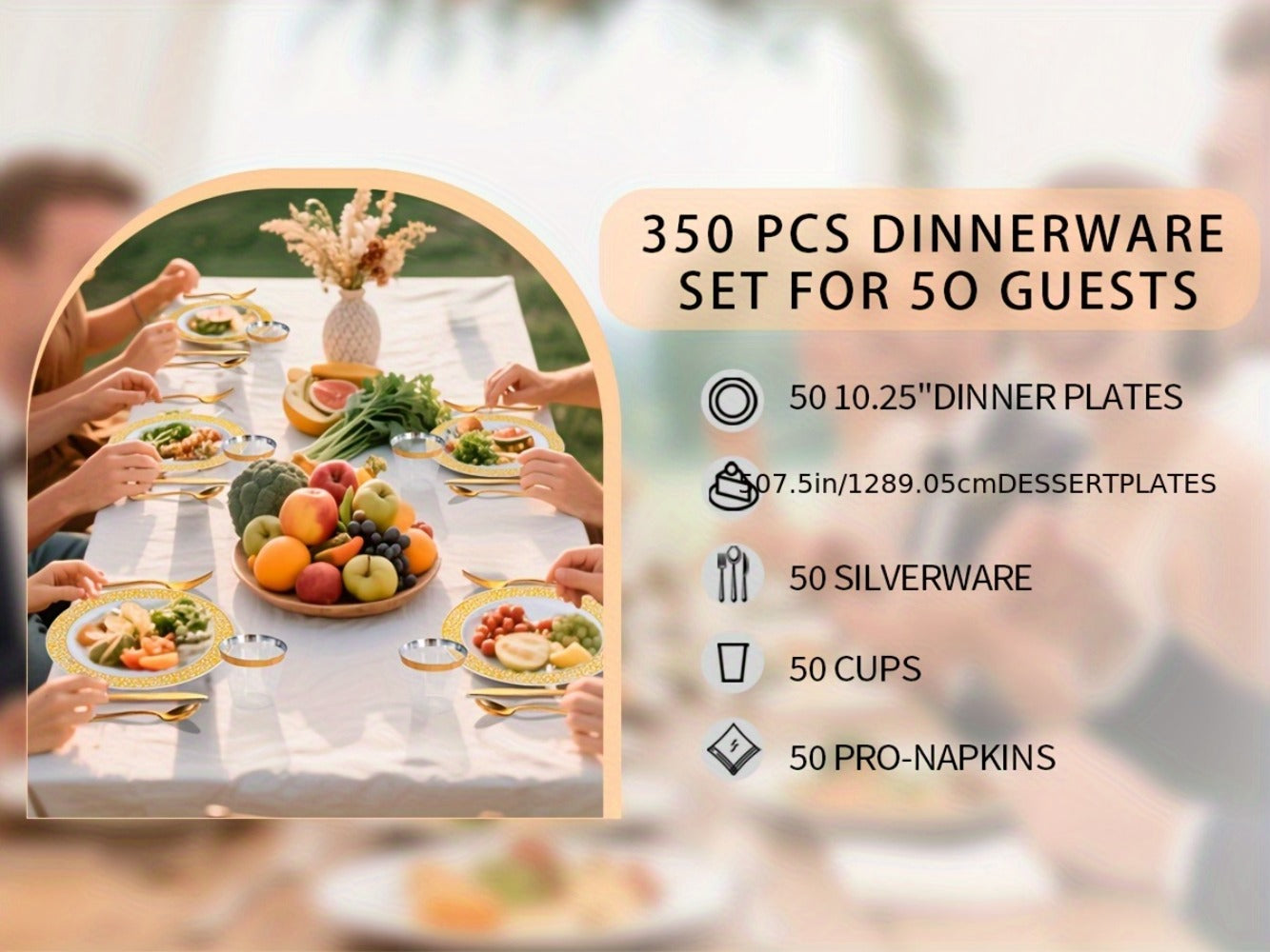 Gold Disposable Dinnerware Set for 50 Guests 350pcs – Includes Dinner Plates, Dessert Plates, 9oz Cups with Gold Rim, Pre-Rolled Napkins & Gold Cutlery | Perfect for Wedding, Party & Holiday Celebration