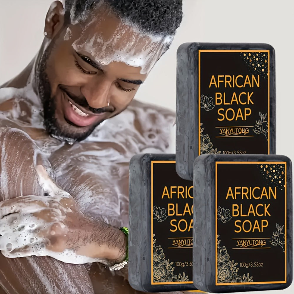 African Black Soap Bar 3-Pack 100g Each with Shea Butter & Coconut Oil — Deep Cleansing Moisturizing Face & Body Wash, Alcohol-Free Natural Soap for Acne, Dry, Oily & Sensitive Skin | All Skin Types