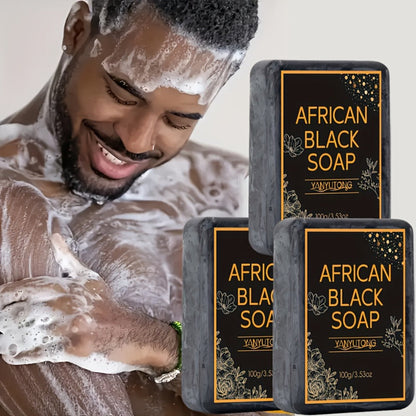African Black Soap Bar 3-Pack 100g Each with Shea Butter & Coconut Oil — Deep Cleansing Moisturizing Face & Body Wash, Alcohol-Free Natural Soap for Acne, Dry, Oily & Sensitive Skin | All Skin Types