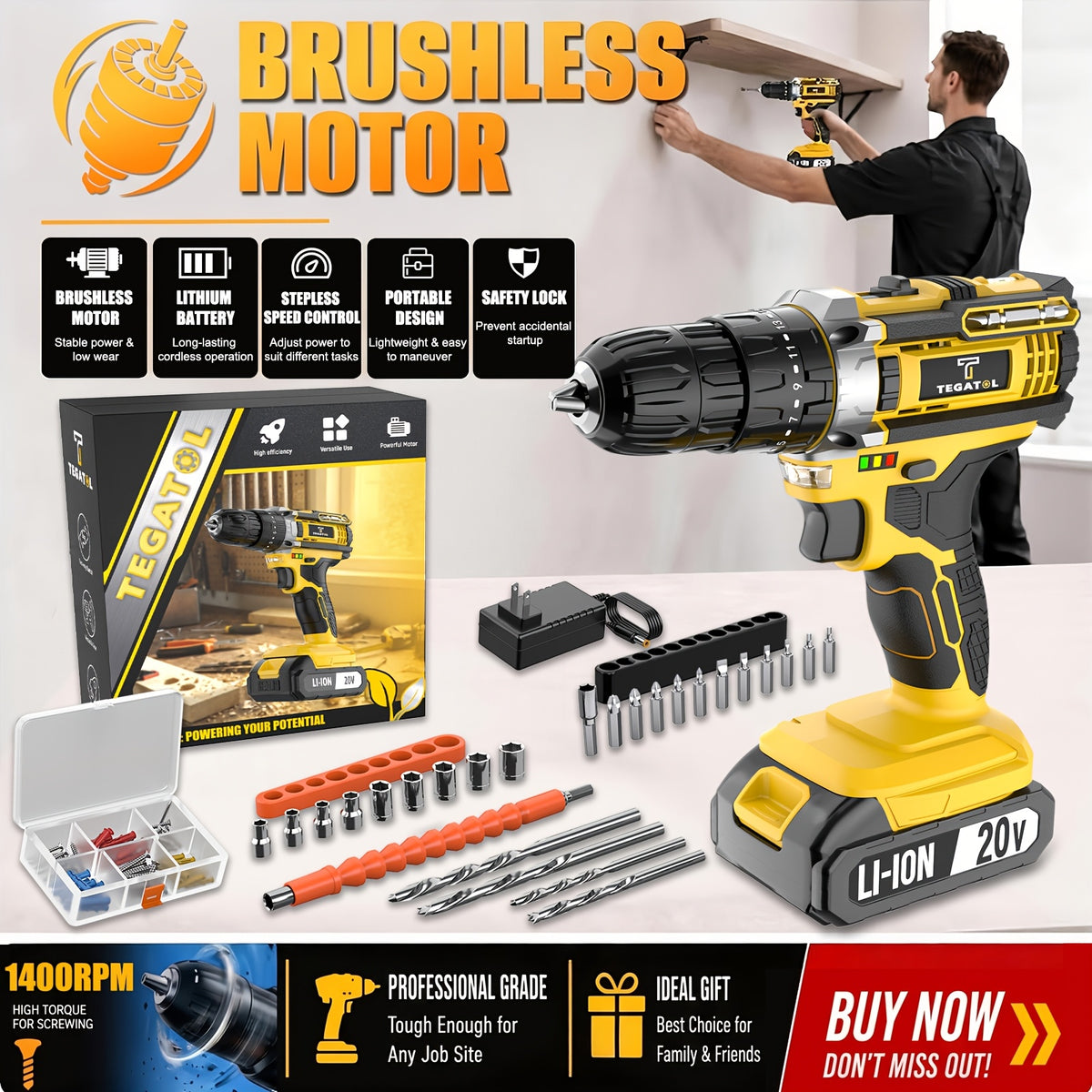 20V Cordless Drill Set, Impact Power Drill with 3/8 Inch Keyless Chuck, 18+3 Clutch Electric Drill with Work Light, Max Torque 45Nm, 2-Variable Speed And 2.0AH Batteries And Fast Charger