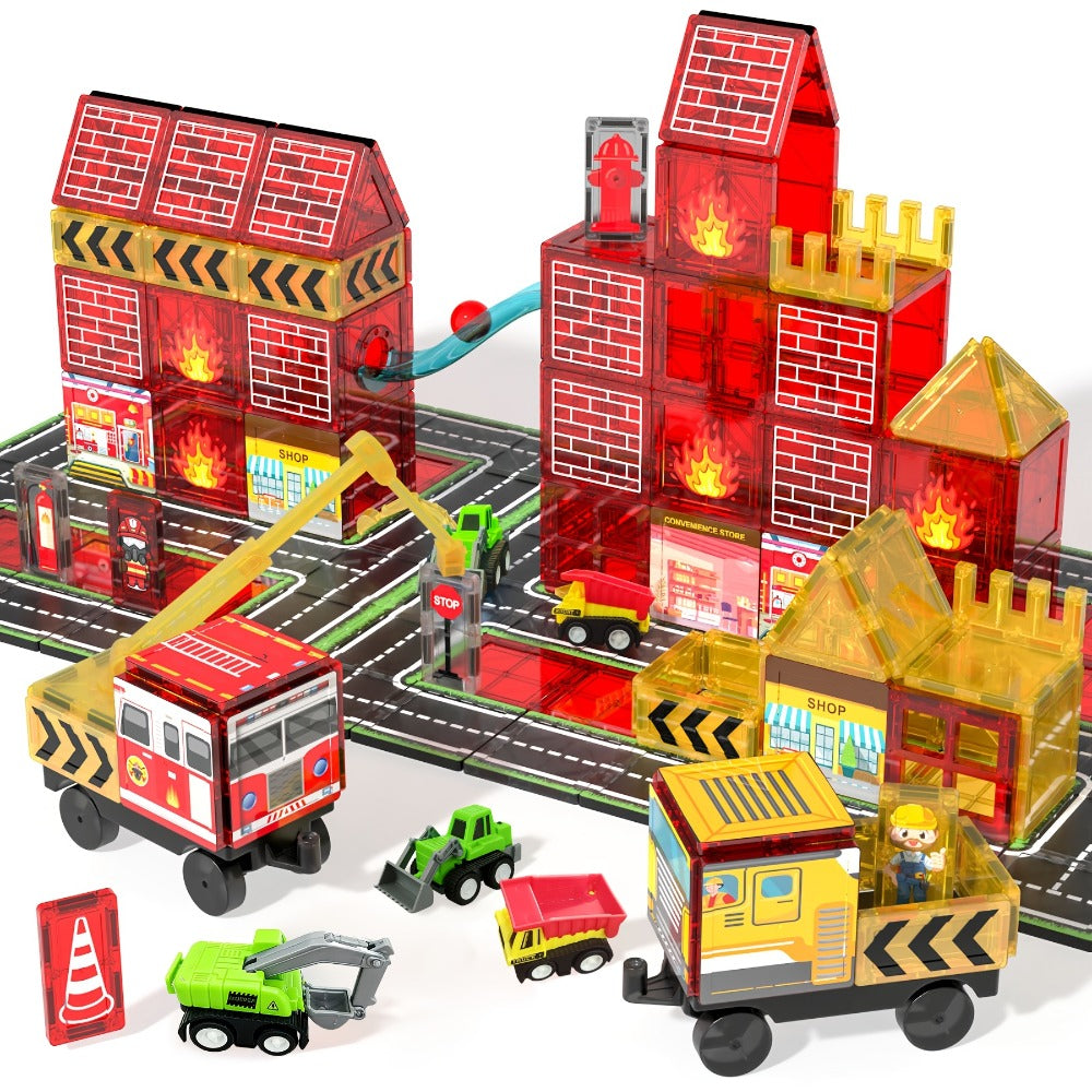 Magnetic Tiles Firefighting Theme Building Set for Kids – Fire Truck Fire Station Roads Crane & Car Toys, STEM Educational Magnetic Blocks for Boys Ages 3 4 5 6, Birthday Gift for Young Builders
