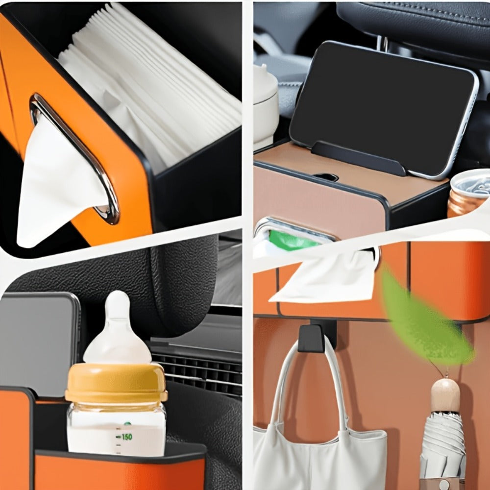 Car Backseat Organizer 8-in-1 – 2-Pack Multi-Function Hanging Storage with Cup Holders & Napkin Drawer, Large Capacity Back Seat Organizer for Family Trips | Black & Beige