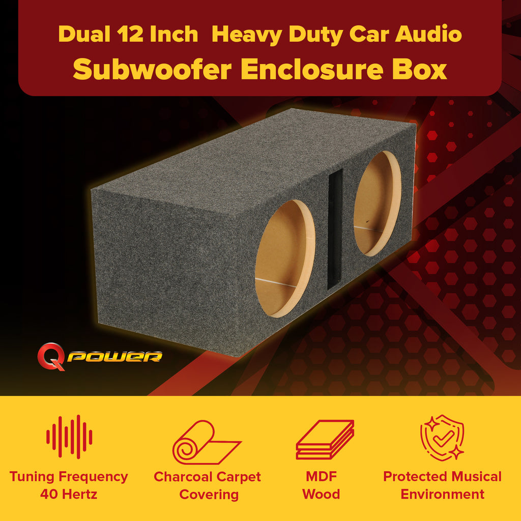 QPower QBASS Dual 12 Inch Heavy Duty MDF Material Car Audio Subwoofer Enclosure Boxes with Shared Slot Port Vent and Dual Chamber Design, Charcoal