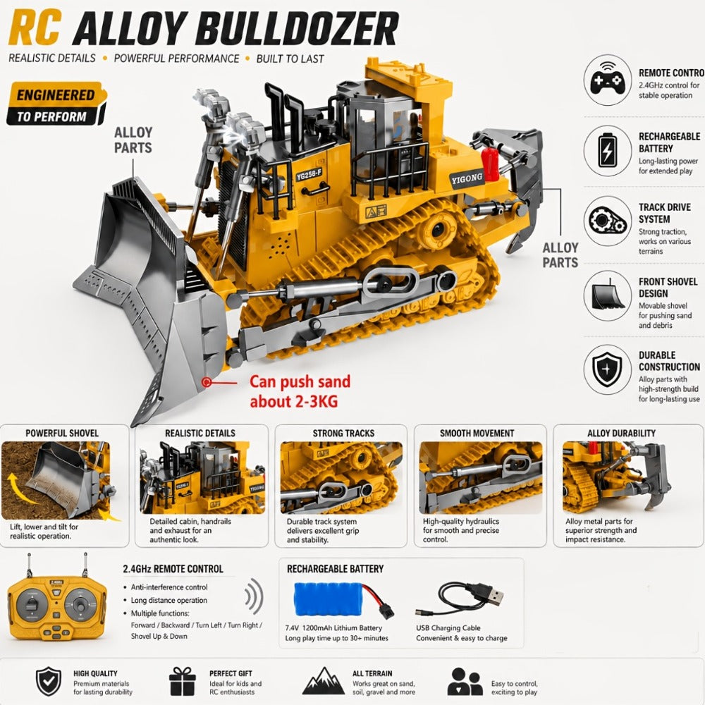 RC Bulldozer 9-Channel 2.4GHz Remote Control – Multifunctional Engineering Vehicle Toy with Alloy Metal Cover | Indoor Outdoor RC Construction Toy, Birthday & Christmas Gift for Boys Ages 6+
