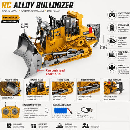 RC Bulldozer 9-Channel 2.4GHz Remote Control – Multifunctional Engineering Vehicle Toy with Alloy Metal Cover | Indoor Outdoor RC Construction Toy, Birthday & Christmas Gift for Boys Ages 6+