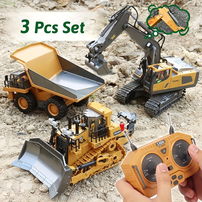 RC Construction Vehicle Set 2-in-1 & 3-in-1 – 2.4G 11-Channel Remote Control Excavator Dump Truck Forklift Bulldozer, Alloy & Plastic Engineering Toy Car Kit for Kids Boys, Birthday Christmas Gift