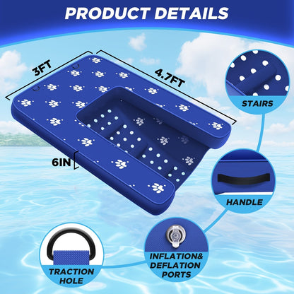 Inflatable Dog Water Ramp Floating Non-Slip – Dog Boat Ramp for Pool Dock & Lake, Oxford PVC Platform with Traction Rope & Air Pump, 4.7ft x 3ft, Safe Water Entry for Dogs