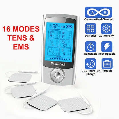 Portable TENS EMS Unit Muscle Massager – 16 Modes 20 Intensity Levels, 4 Electrodes for Back, Shoulder, Leg & Foot Pain Relief, Rechargeable Physical Therapy Device for Men & Women