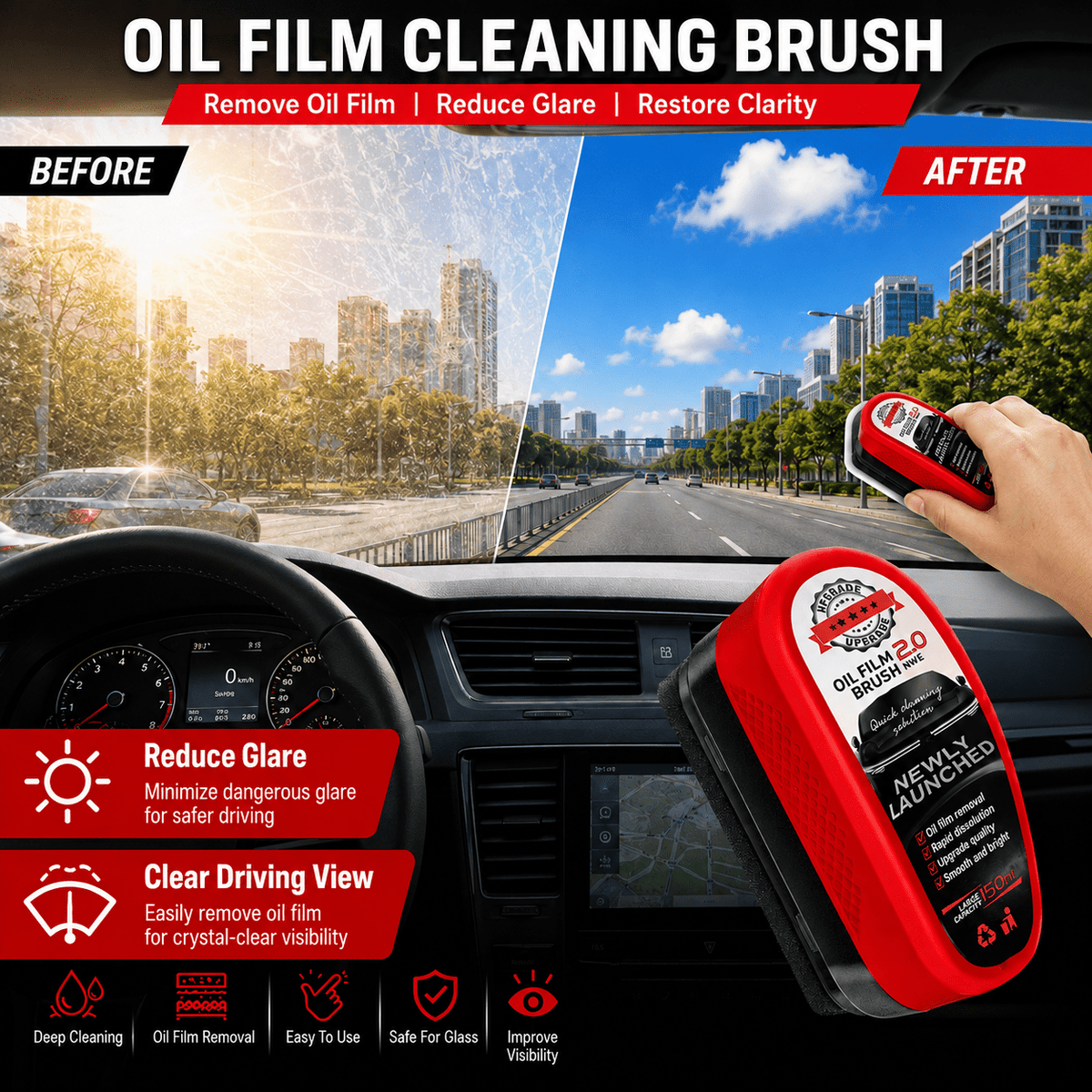 Oil Film Cleaning Brush for Car Windshield, Auto Glass Cleaner Tool for Oil Film Remover, Water Spot Remover Brush for Windshield, Side Windows, Rear Glass & Mirrors, Car Glass Cleaning Kit