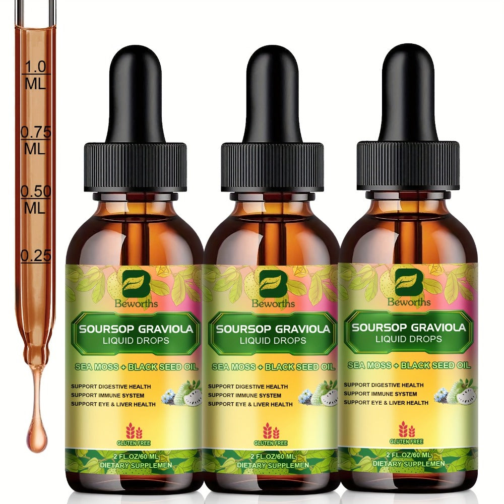 [8-IN-1 Soursop Drops] 1/3 Bottles 8-IN-1 Soursop Liquid Drops, Graviola Leaf & Fruit Complex Supplement With Sea Moss,Black Seed Oil,Elderberry,Burdock Root,Tumeric, Gluten-Free,Serene Herbs Soursop Bitters,Serene Soursop For Daily Health & Wellness