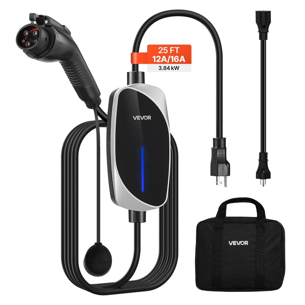 VEVOR Level 1&2 EV Charger, 16 Amp, Electric Vehicle Portable Charger with 25 ft Charging Cable, 120V-240V, NEMA 6-20P Plug NEMA 5-15 Adapter, LED Indicator, Home Car Charging Station for SAE J1772 EV