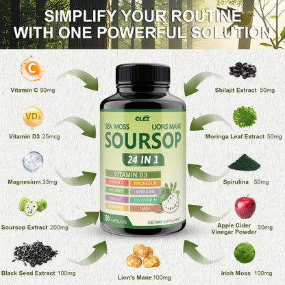 Soursop Graviola Capsules 24-in-1 Formula 60 Count – Lab Tested Gut Health Digestion Antioxidant Immune Support Daily Wellness Supplement for Men & Women