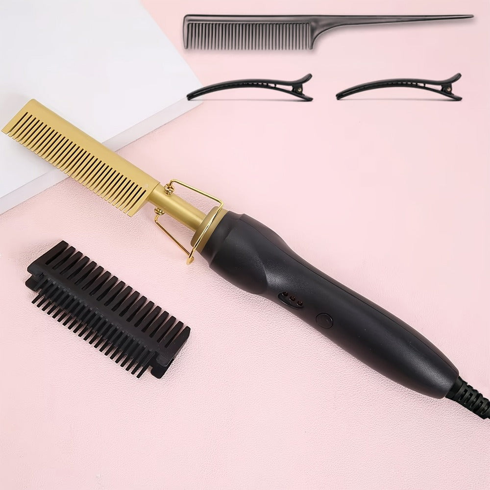 Hot Comb Hair Straightener 2-in-1 Ceramic Heated Brush — Anti-Burn Electric Pressing Comb for Natural Hair & Beard, Portable Curling Iron for Home & Travel, Gold
