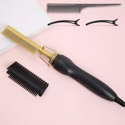 Hot Comb Hair Straightener 2-in-1 Ceramic Heated Brush — Anti-Burn Electric Pressing Comb for Natural Hair & Beard, Portable Curling Iron for Home & Travel, Gold