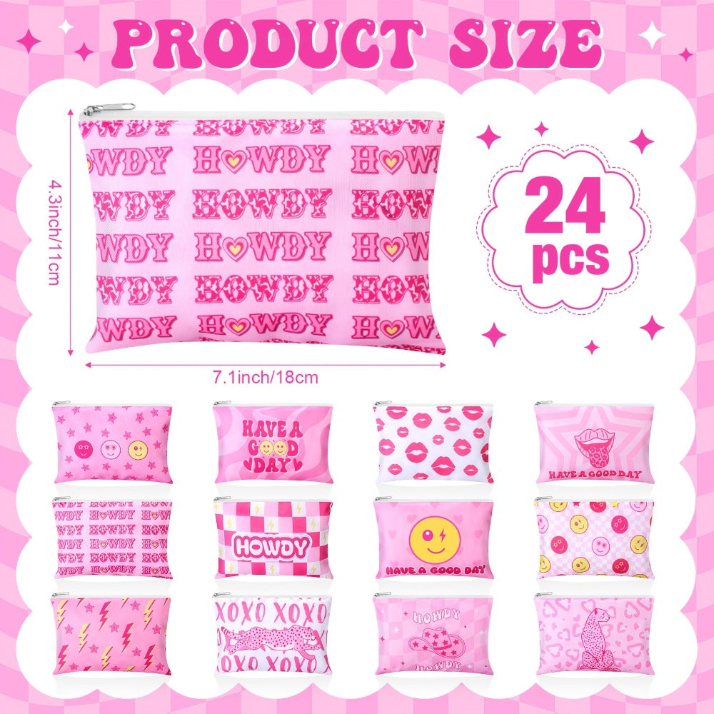 Bulk Cosmetic Bags 24-Pack Pink Howdy Western Zipper Makeup Pouches Party Favor Set for Women Girls Birthday Bachelorette Bridal Shower Travel Toiletry Organizer Gift