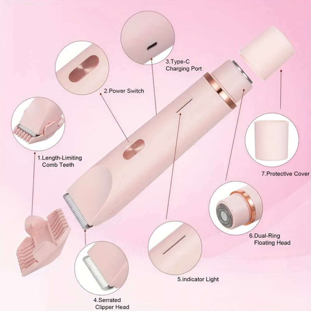 Bikini Trimmer Electric 2-in-1 Rechargeable Dual-Head Face Shaver for Women - Stainless Steel Blade USB Cordless Hair Remover for Bikini Line Face Arms Thighs Body Portable Gift