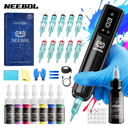 Wireless Tattoo Gun Kit – Neebol Cordless Rotary Tattoo Machine with 2000mAh Battery, 10 Cartridge Needles, 7 Inks, Green Soap & Tattoo Supplies – Portable Beginner & Artist Set