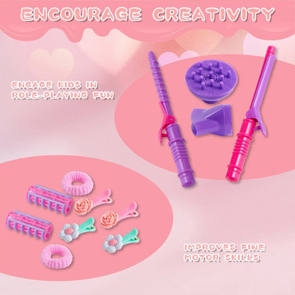 Girls Beauty Salon Toy Set 17 PCS – Pretend Play Hair Stylist Kit with Working Hairdryer Mirror Curling Wands Combs Clips & Jewelry Box | Princess Hair Dresser Toy for Girls Ages 3+ | Best Birthday Christmas Gift
