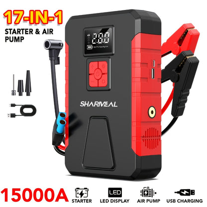 Portable Jump Starter with Air Compressor – 15000A-19000A Peak 350PSI 12V 17-in-1 Car Battery Jump Starter, Digital Display, LED Light & Smart Clamp for Cars Trucks SUVs