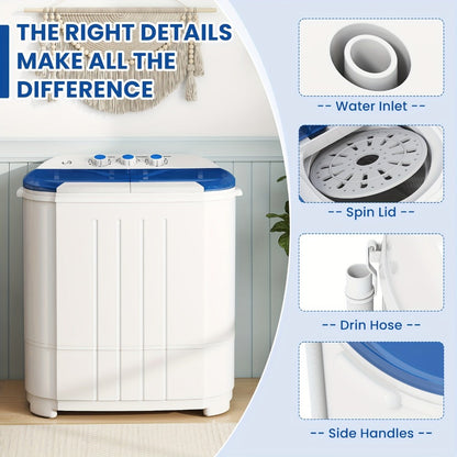 Portable Washing Machine 14.5Lbs Mini Twin Tub Washer Spin Dryer Combo Semi-Automatic 9.5Lbs Wash 5Lbs Spin Gravity Drain Time Control for Apartments Dorms RVs Camping