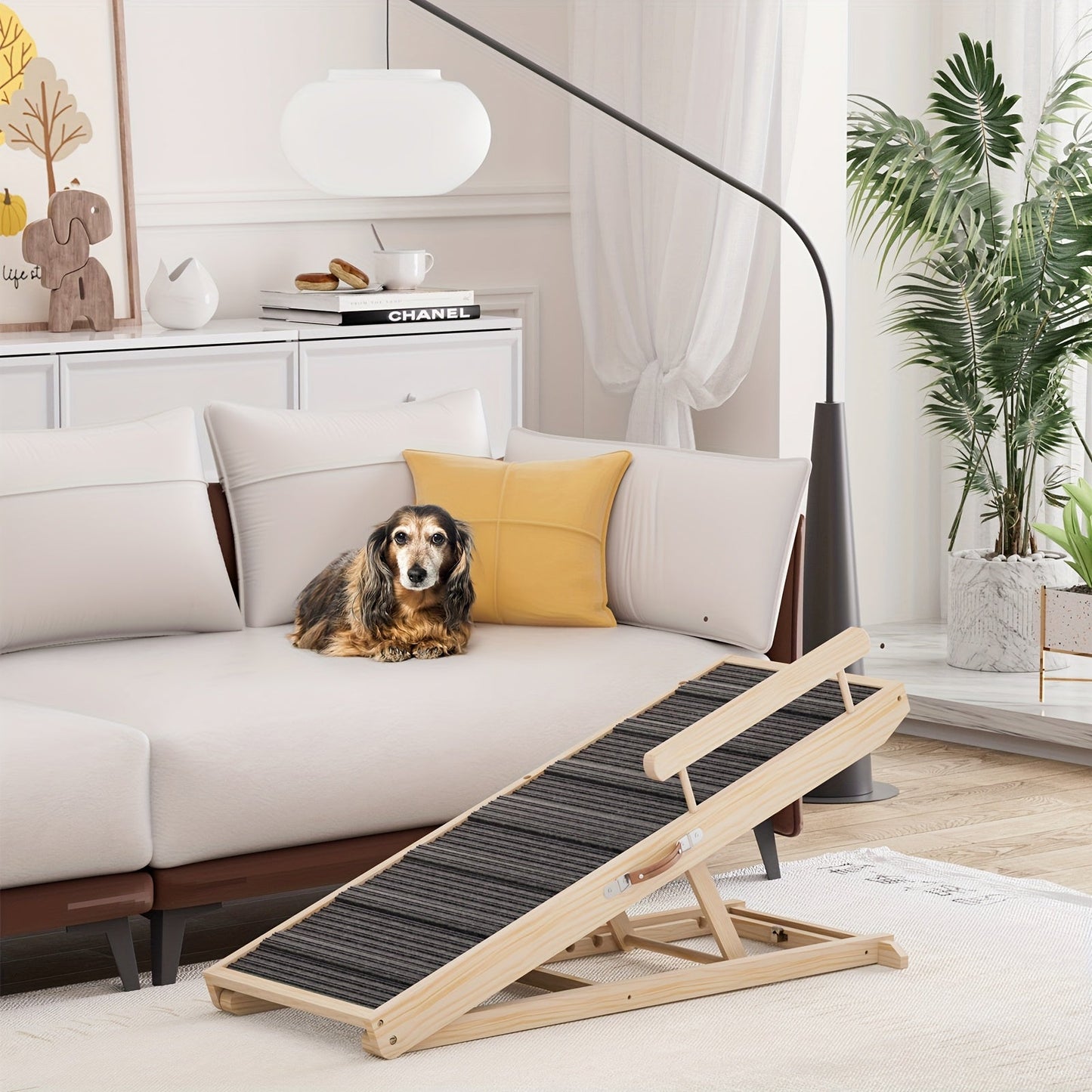 Dog Ramp for Bed & Sofa – Foldable Wooden Pet Ramp with Safety Guards, Adjustable Height, Holds 250 lbs, Indoor Outdoor Dog Steps for Small Medium Large Dogs, Couch Car Ramp