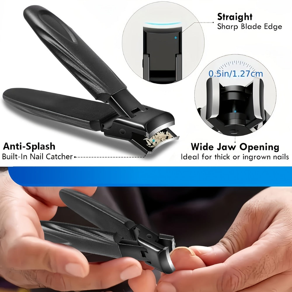 Heavy Duty Toenail Clipper Set 7pcs for Seniors Angled Curved Stainless Steel Blades Splash Guard Long Handle Nail File Pedicure Tool Kit Thick Nails