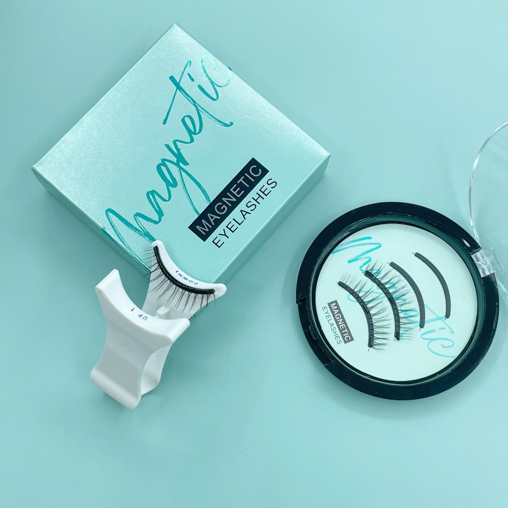Natural Slim Nude Magnetic Eyelashes with Eyelash Curler — 3D Glue-Free Reusable Transparent Soft Stem Strong Magnetic Force Eye-Enlarging False Lashes for Daily & Office Wear, 1 Pair